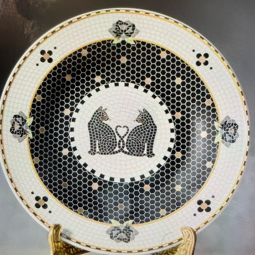 ❤️ ANTHROPOLOGIE THE BISTRO TILE STONEWARE CAT HALLOWEEN DESSERT PLATE NEW